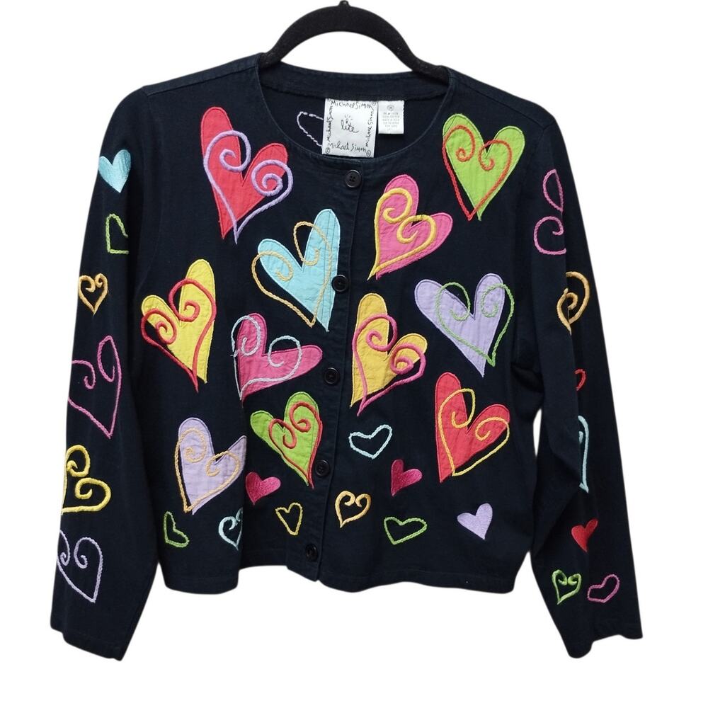 Vintage Michael Simon Womens Lite Embroidered Hearts Cardigan Small Art To Wear